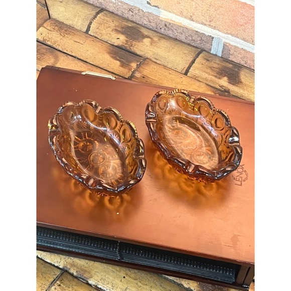 Pair of L E Smith Amber Oval Ashtrays Soap Dish Moon and Stars - Picture 5 of 8